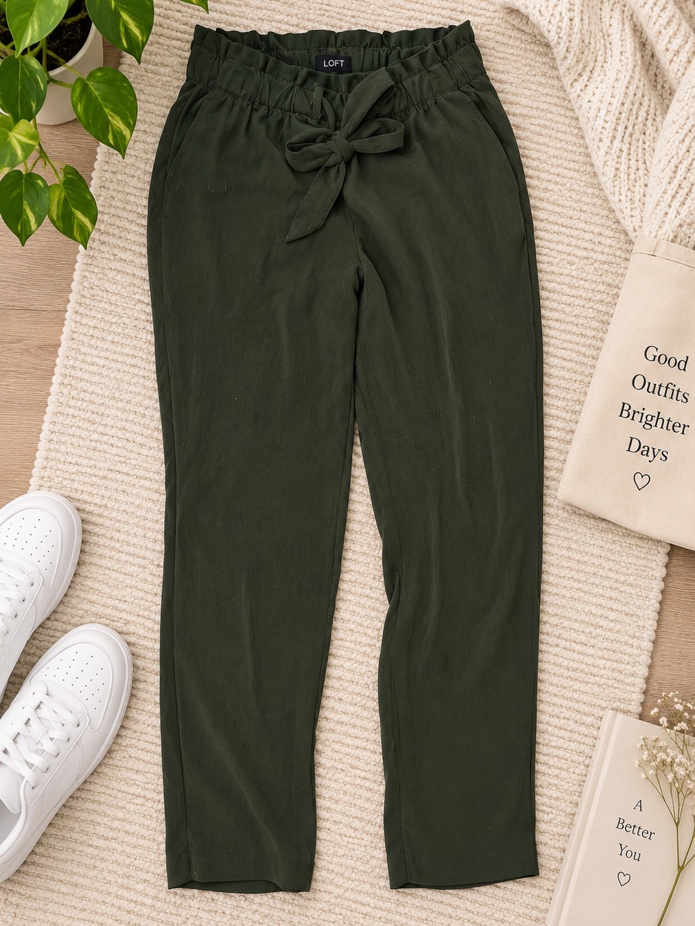 LOFT Women’s XS Olive Green Paperbag Waist Tie Belt Ankle Pants